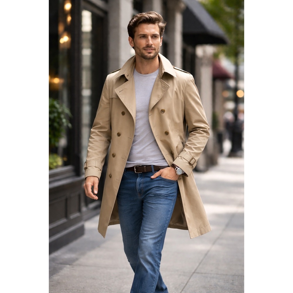 London Fog Classic Tan Double Breasted Trench Coat Mens Size L